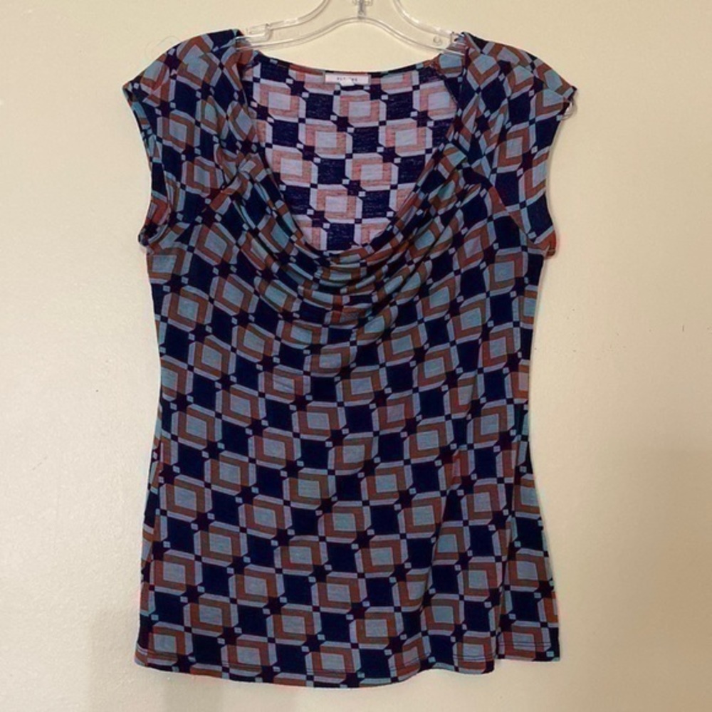 Pleione Red Blue Cap Sleeve Blouse, XS Shirt Cowl Neck